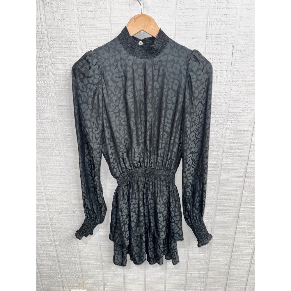 Show Me Your Mumu Mini Dress Womens Black Leopard Jacquard Smocked XS